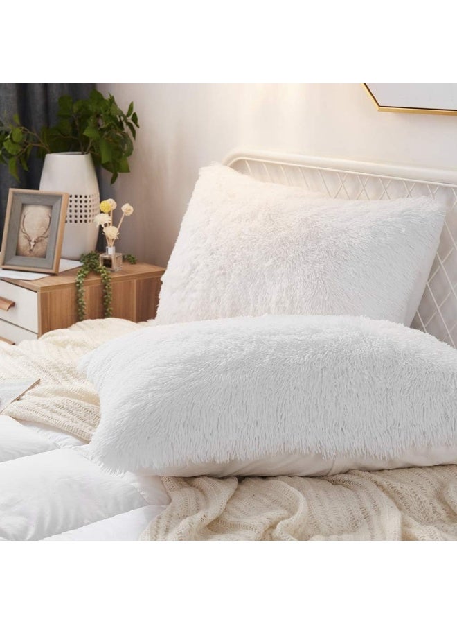 Uhamho Set of 2 Standard Faux Fur Throw Pillow Covers Soft Velvet Decorative Pillowcases Zipper Closure (White, 20"x26") - Image 2